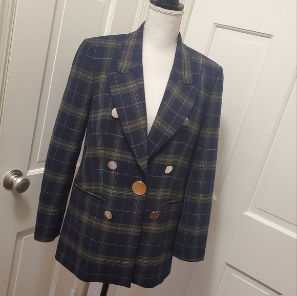 Navy Plaid Fully Lined Career Blazer Medium NavyGreen Classic - Picture 1 of 12